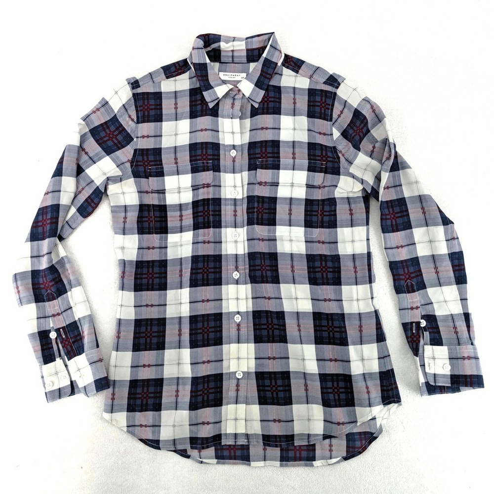 Equipment Femme 100% Silk Plaid Button Down Shirt Blue Red White Size S